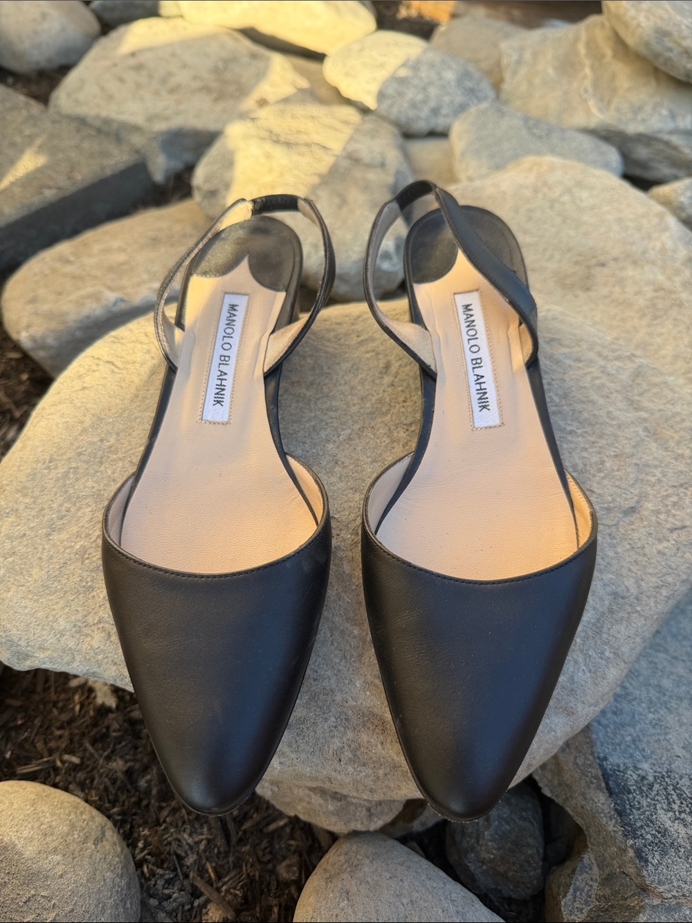 Manolo Blahnik Black Leather Pointed Toe Slingback Flats IT 37 Made in Italy